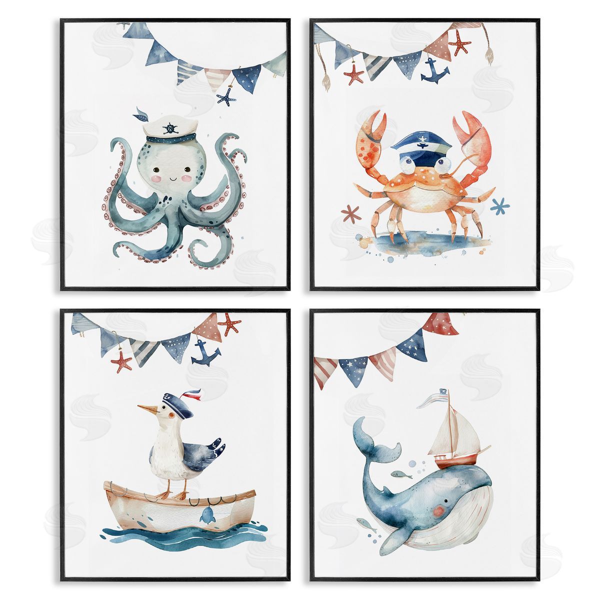 Maritime Sailor Animals Black Frame Print Wall Art, Home Decor by LSR Design Studio