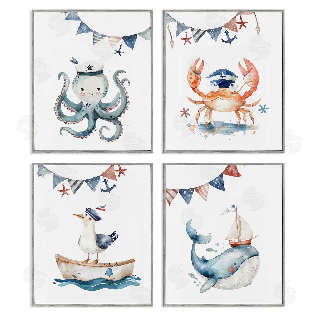 Maritime Sailor Animals Grey Frame Print Wall Art, Home Decor by LSR Design Studio