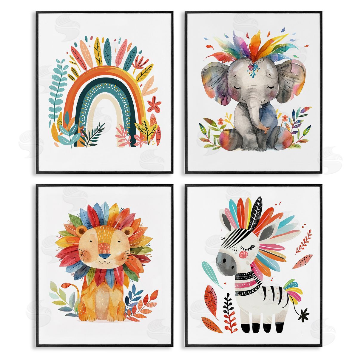 Rainbow Feather Animals Black Frame Print Wall Art, Home Decor by LSR Design Studio