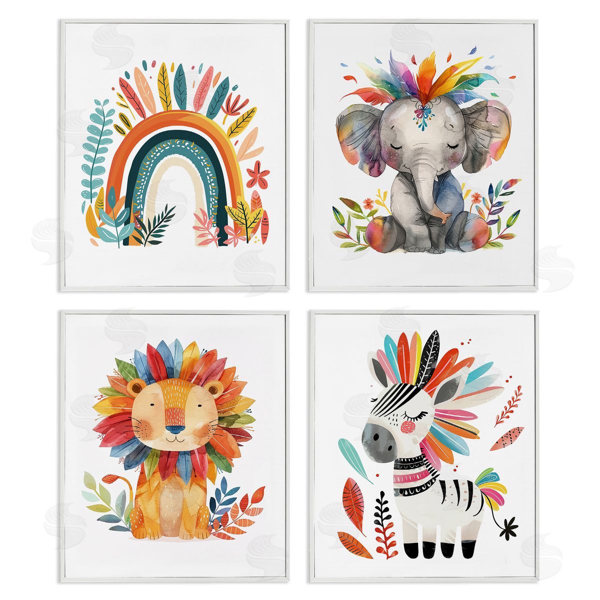 Rainbow Feather Animals White Frame Print Wall Art, Home Decor by LSR Design Studio