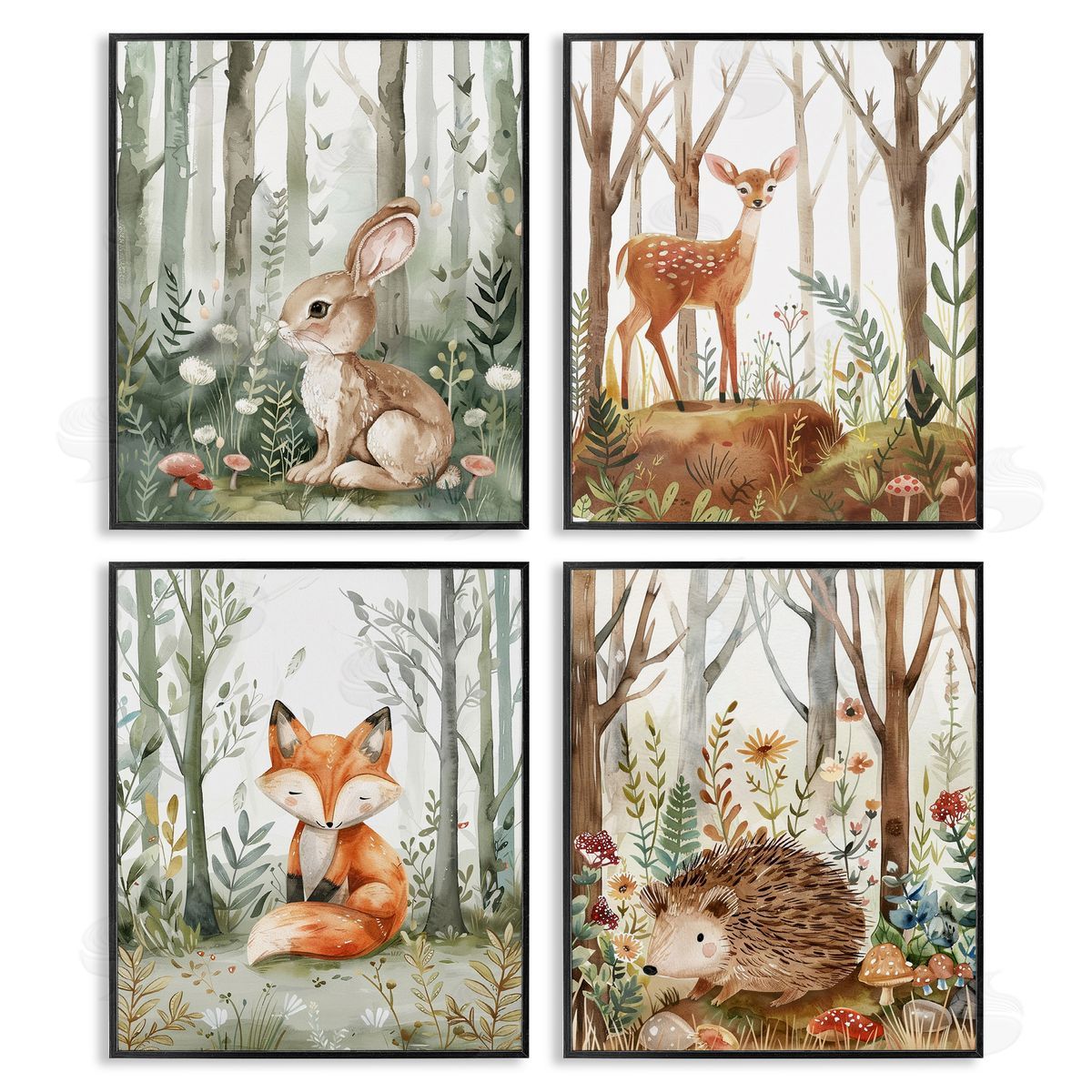 Baby Animals in Woods Black Frame Print Wall Art, Home Decor by LSR Design Studio