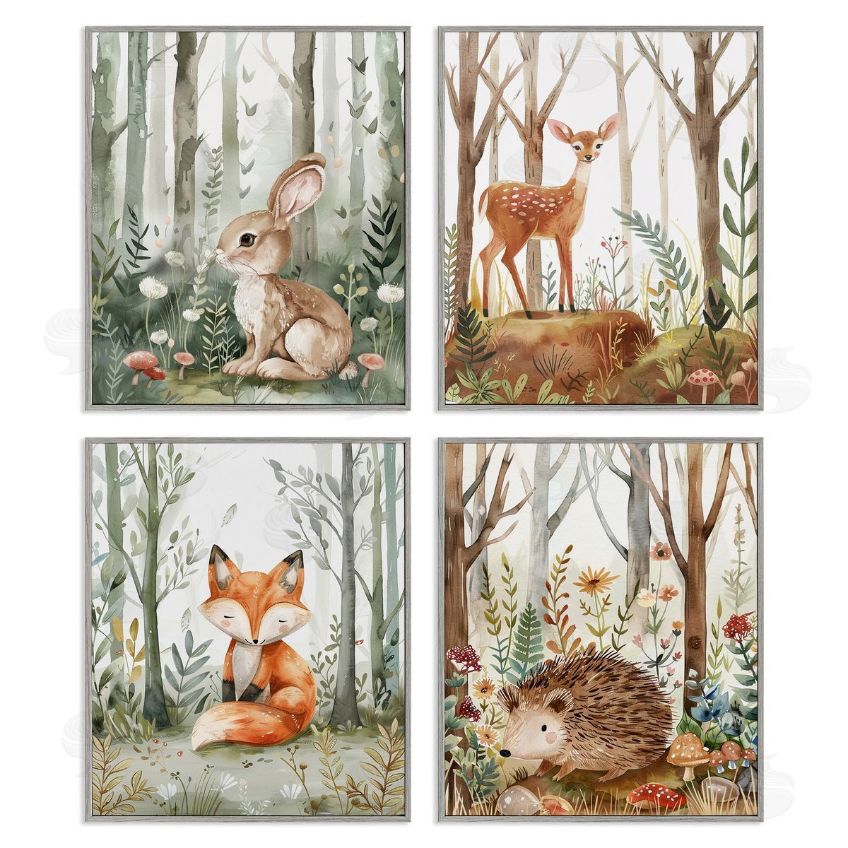 Baby Animals in Woods Grey Frame Print Wall Art, Home Decor by LSR Design Studio