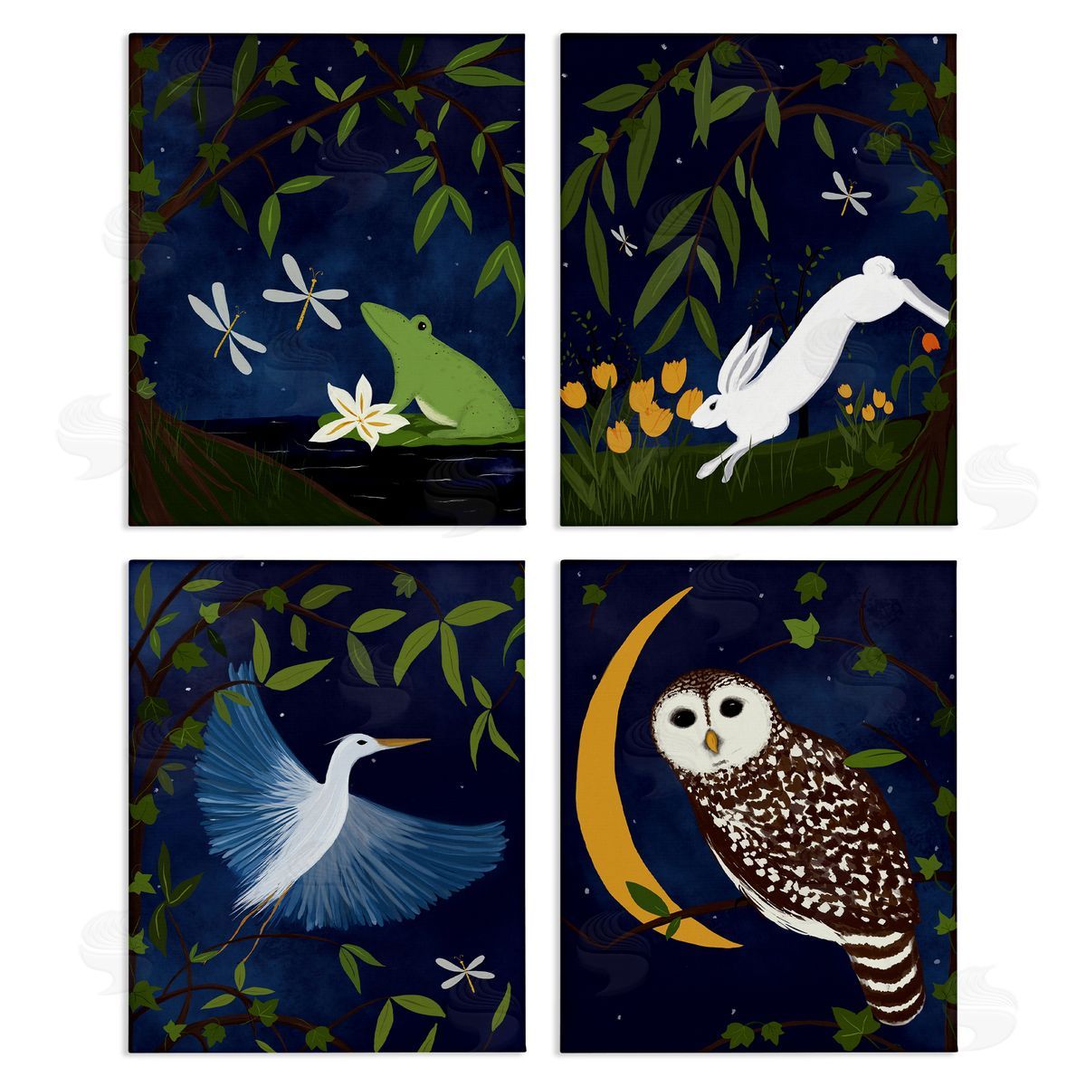 Nighttime Pond Animals Canvas Wall Art, Home Decor by Michelle Ingari Designs