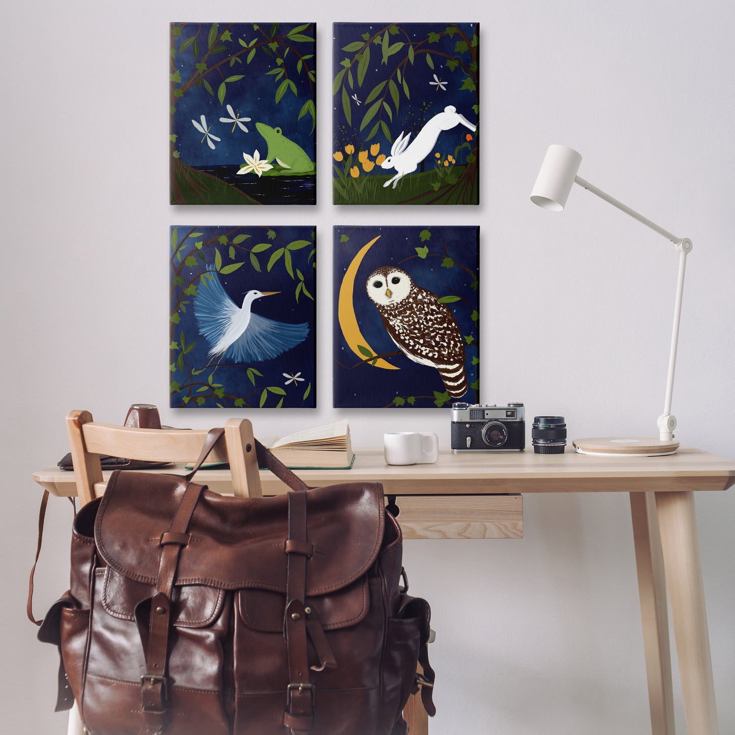 Nighttime Pond Animals Canvas Wall Art in Room, Home Decor by Michelle Ingari Designs