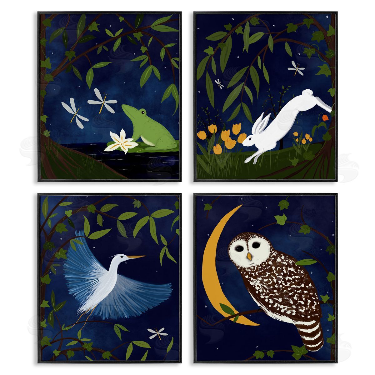 Nighttime Pond Animals Black Frame Print Wall Art, Home Decor by Michelle Ingari Designs