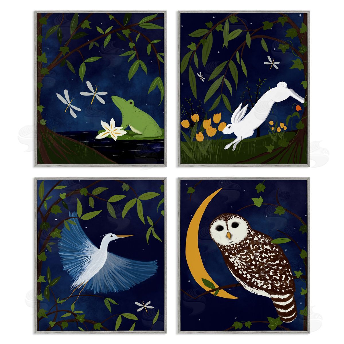 Nighttime Pond Animals Grey Frame Print Wall Art, Home Decor by Michelle Ingari Designs
