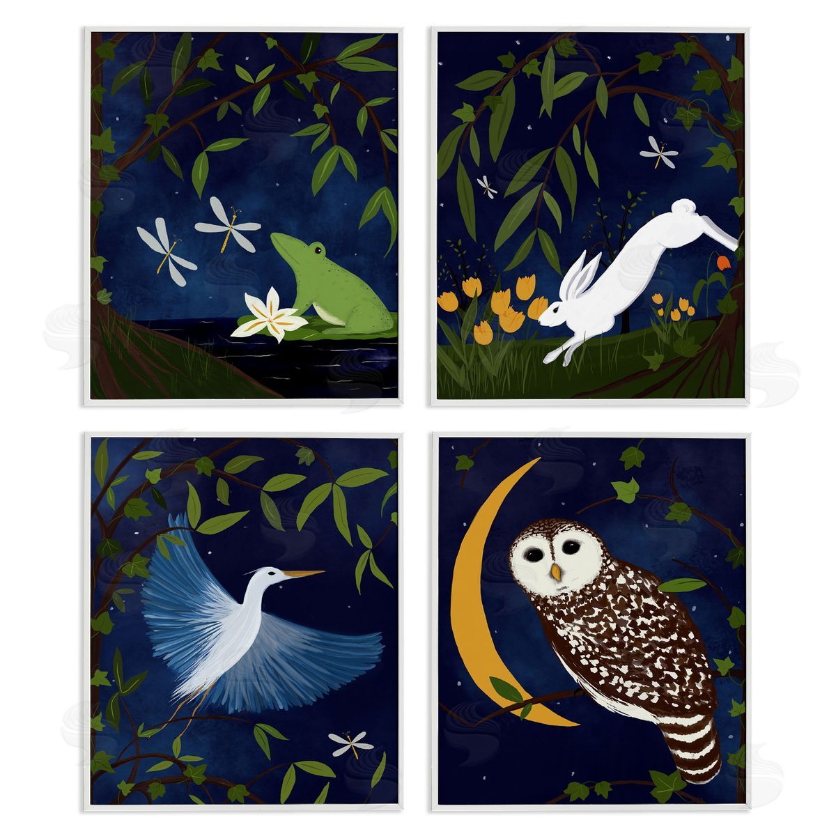 Nighttime Pond Animals White Frame Print Wall Art, Home Decor by Michelle Ingari Designs
