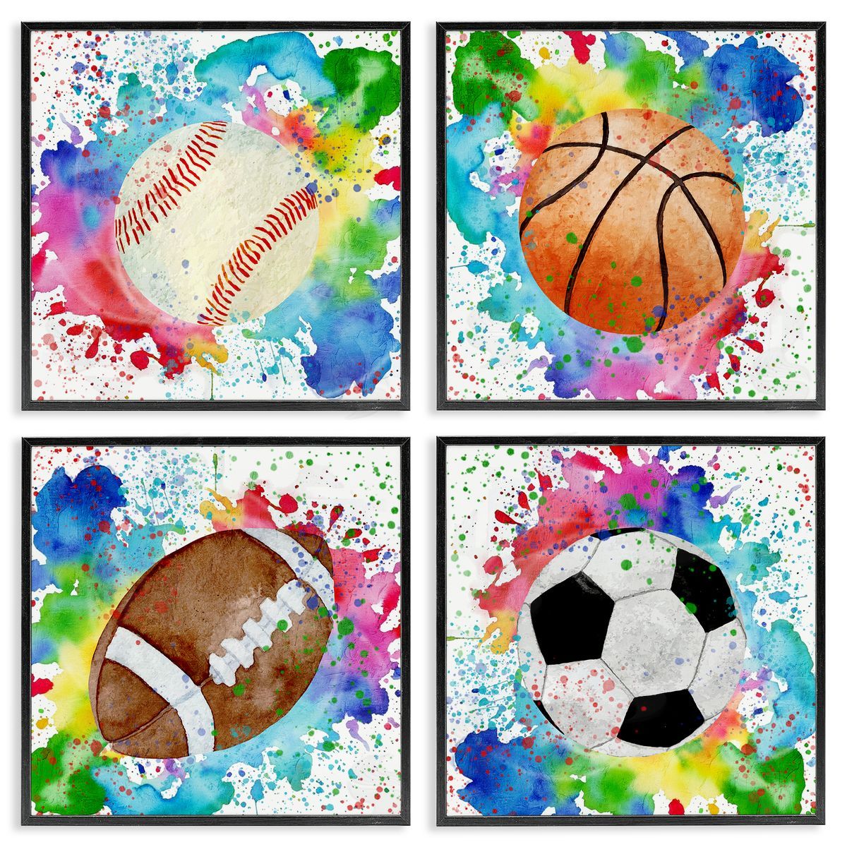 Rainbow Splatter Baseball Black Frame Print Wall Art, Home Decor by Kim Allen