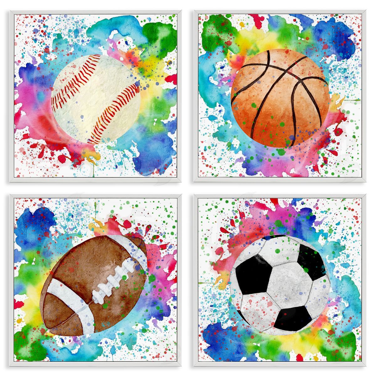 Rainbow Splatter Baseball White Frame Print Wall Art, Home Decor by Kim Allen