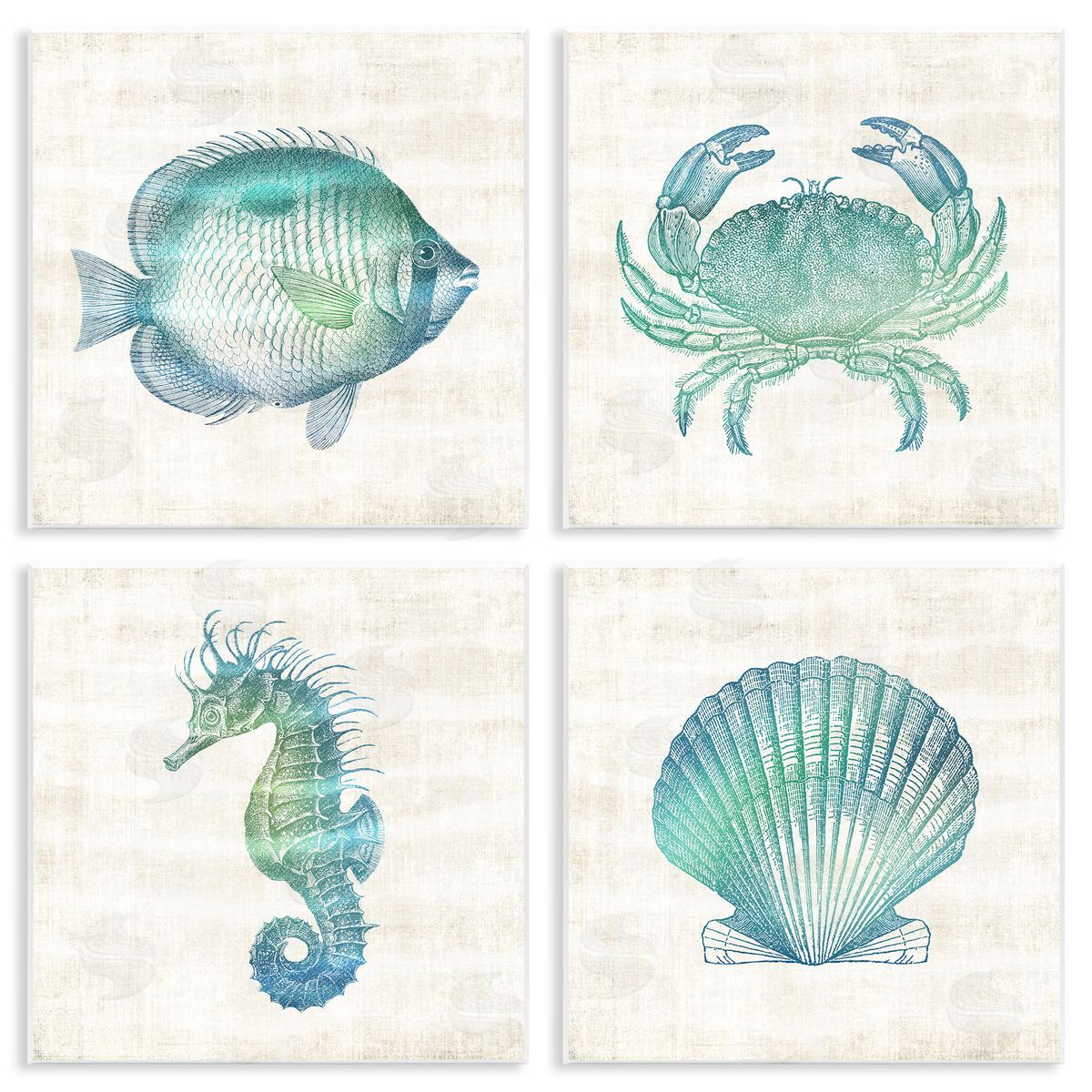 Aquatic Sea Life Impressions Wood Plaque Wall Art, Home Decor by Susan Arnot