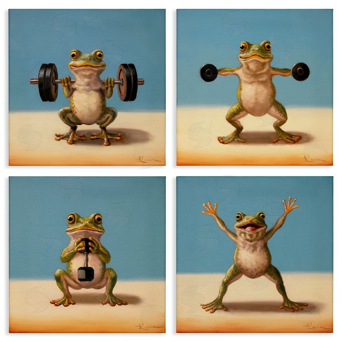 Weightlifting Frogs Various Workouts Canvas Wall Art, Home Decor by Lucia Heffernan