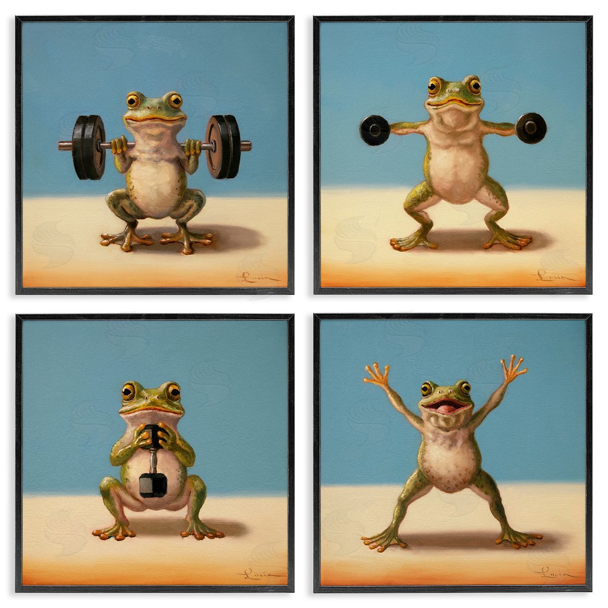 Weightlifting Frogs Various Workouts Black Frame Print Wall Art, Home Decor by Lucia Heffernan