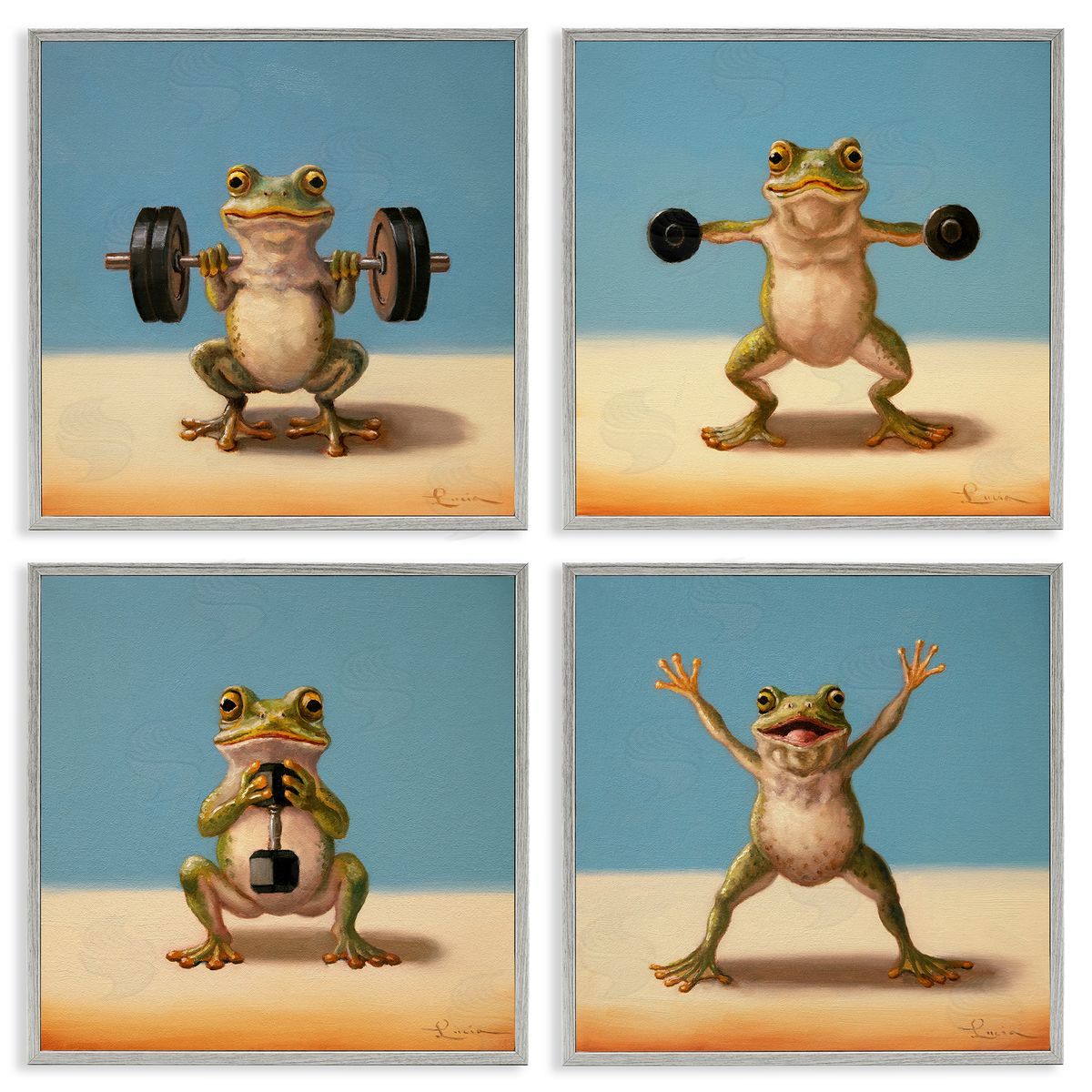 Weightlifting Frogs Various Workouts Grey Frame Print Wall Art, Home Decor by Lucia Heffernan