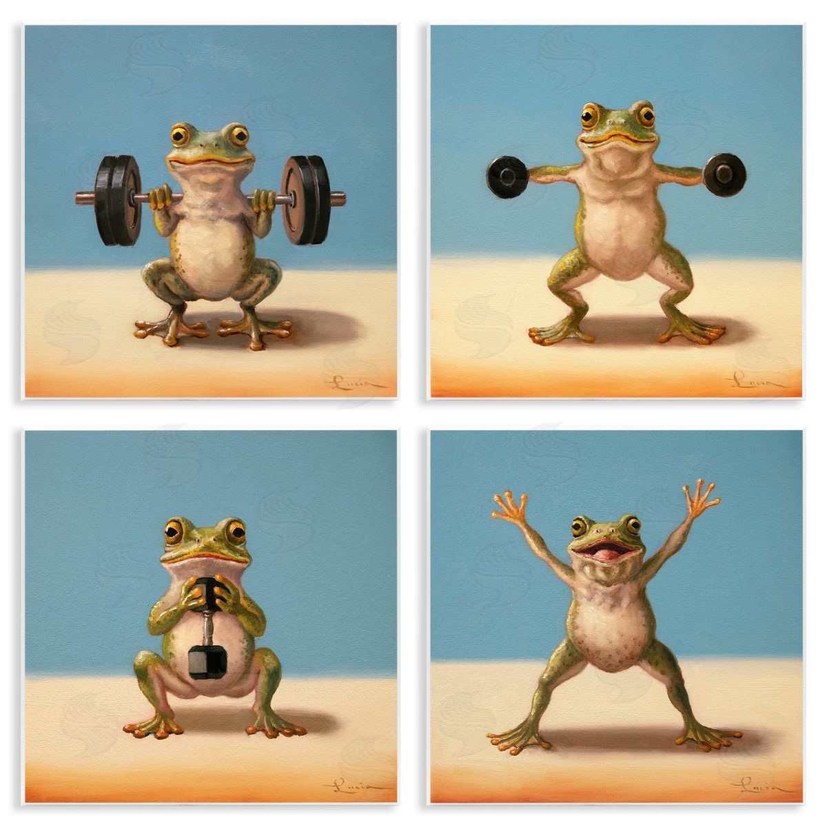 Weightlifting Frogs Various Workouts Wood Plaque Wall Art, Home Decor by Lucia Heffernan