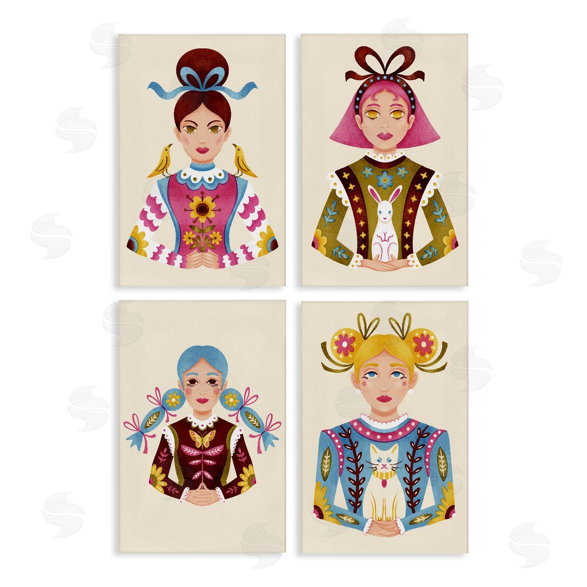 Floral Folk Women Portraits Canvas Wall Art, Home Decor by Hannah Moren