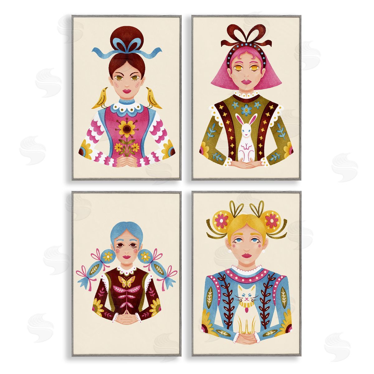 Floral Folk Women Portraits Grey Frame Print Wall Art, Home Decor by Hannah Moren