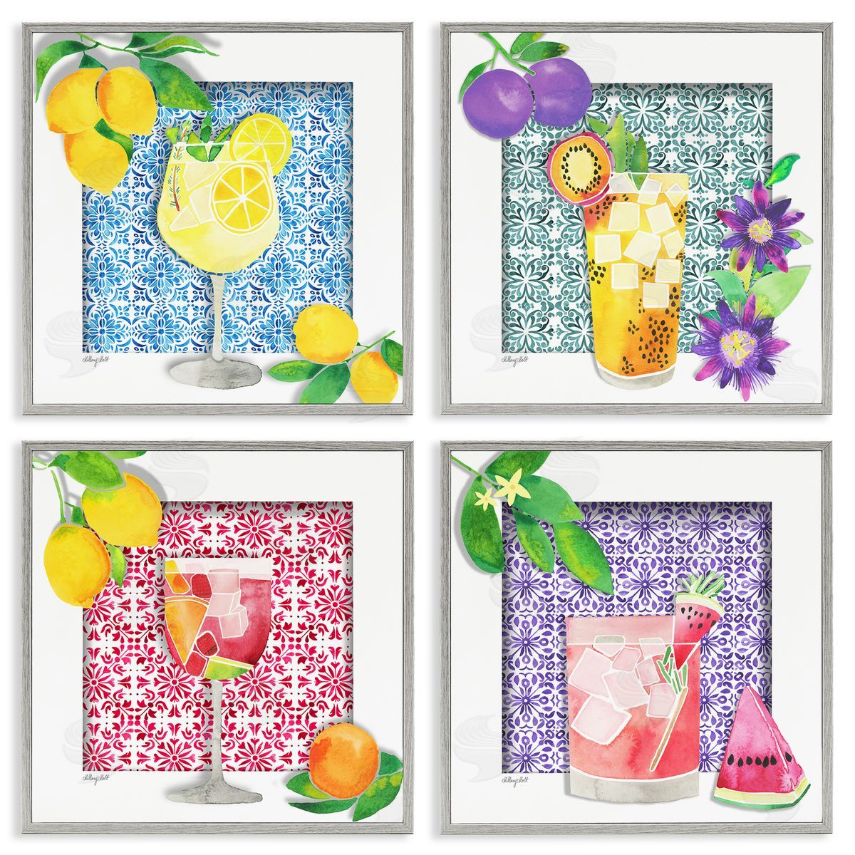 Bright Patterned Fruit Cocktails Grey Frame Print Wall Art, Home Decor by Hillary Holt
