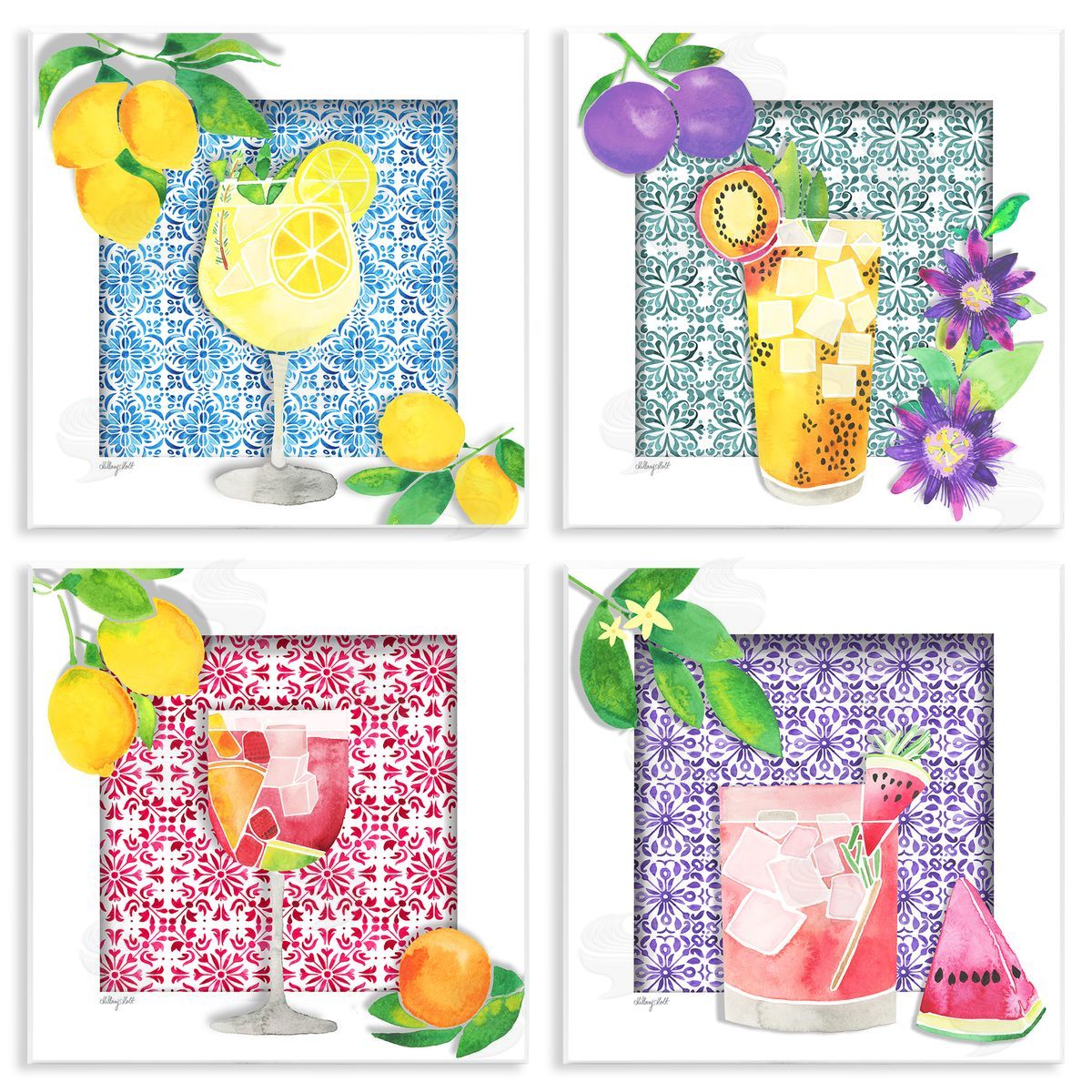 Bright Patterned Fruit Cocktails Wood Plaque Wall Art, Home Decor by Hillary Holt