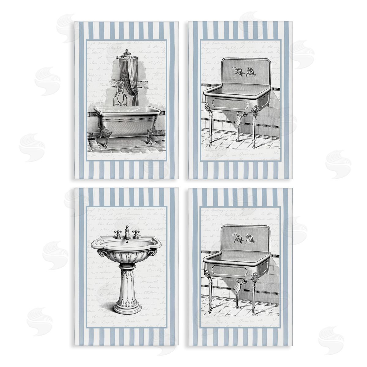 Lettered and Lined Antique Bathroom Blue Stripes Canvas Wall Art Print