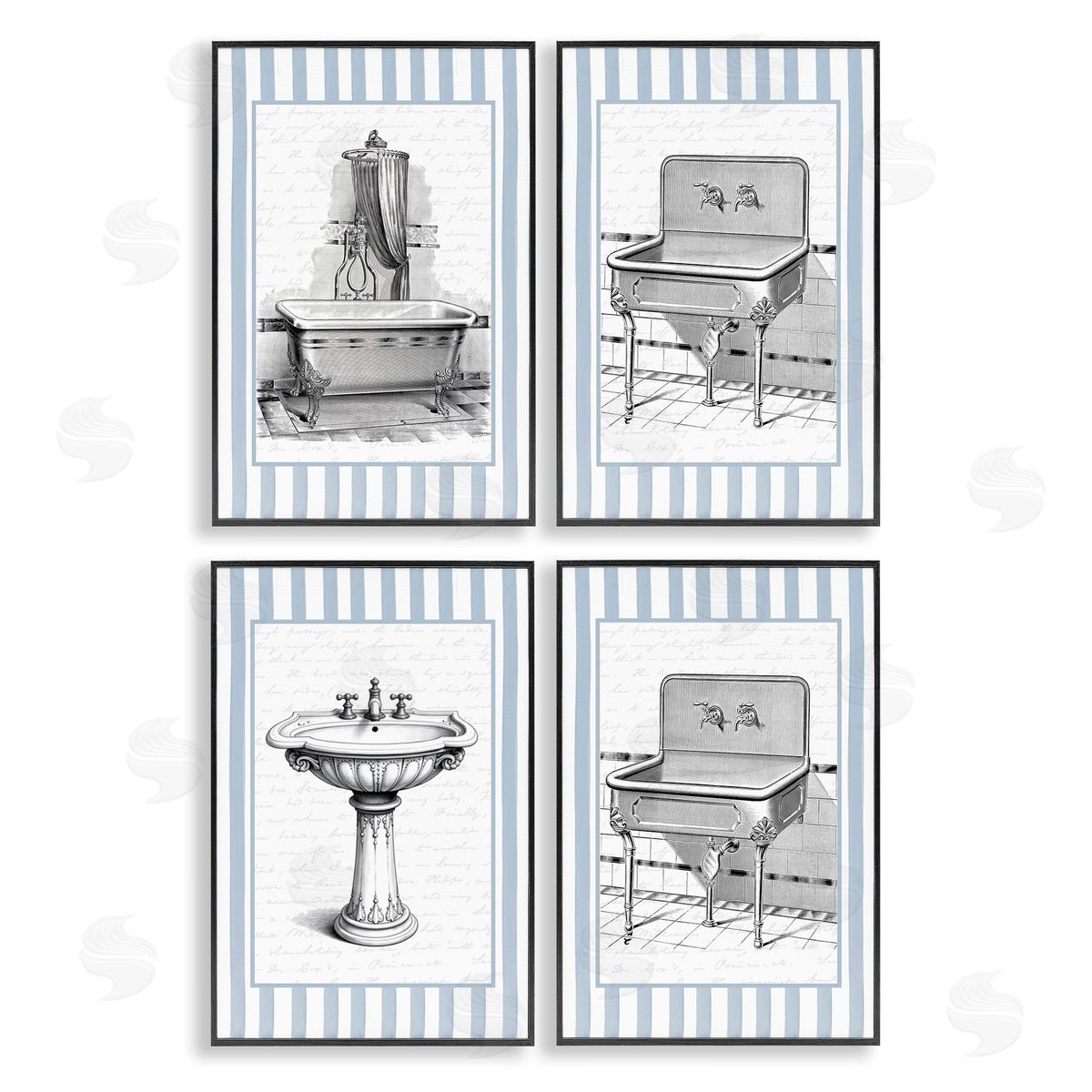 Lettered and Lined Antique Bathroom Blue Stripes Canvas Wall Art Print
