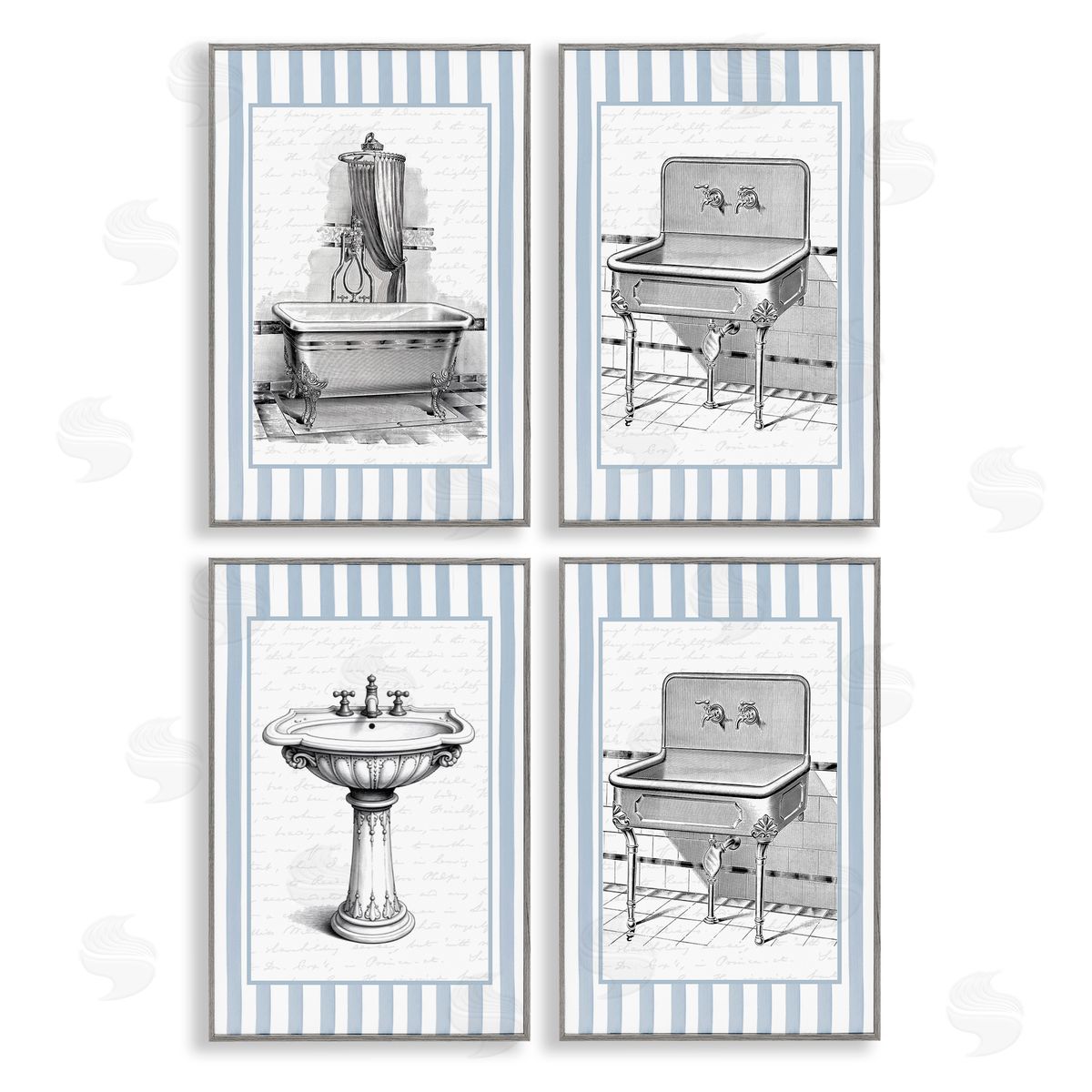 Lettered and Lined Antique Bathroom Blue Stripes Canvas Wall Art Print