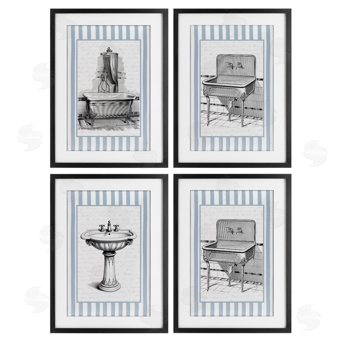 Lettered and Lined Antique Bathroom Blue Stripes Canvas Wall Art Print