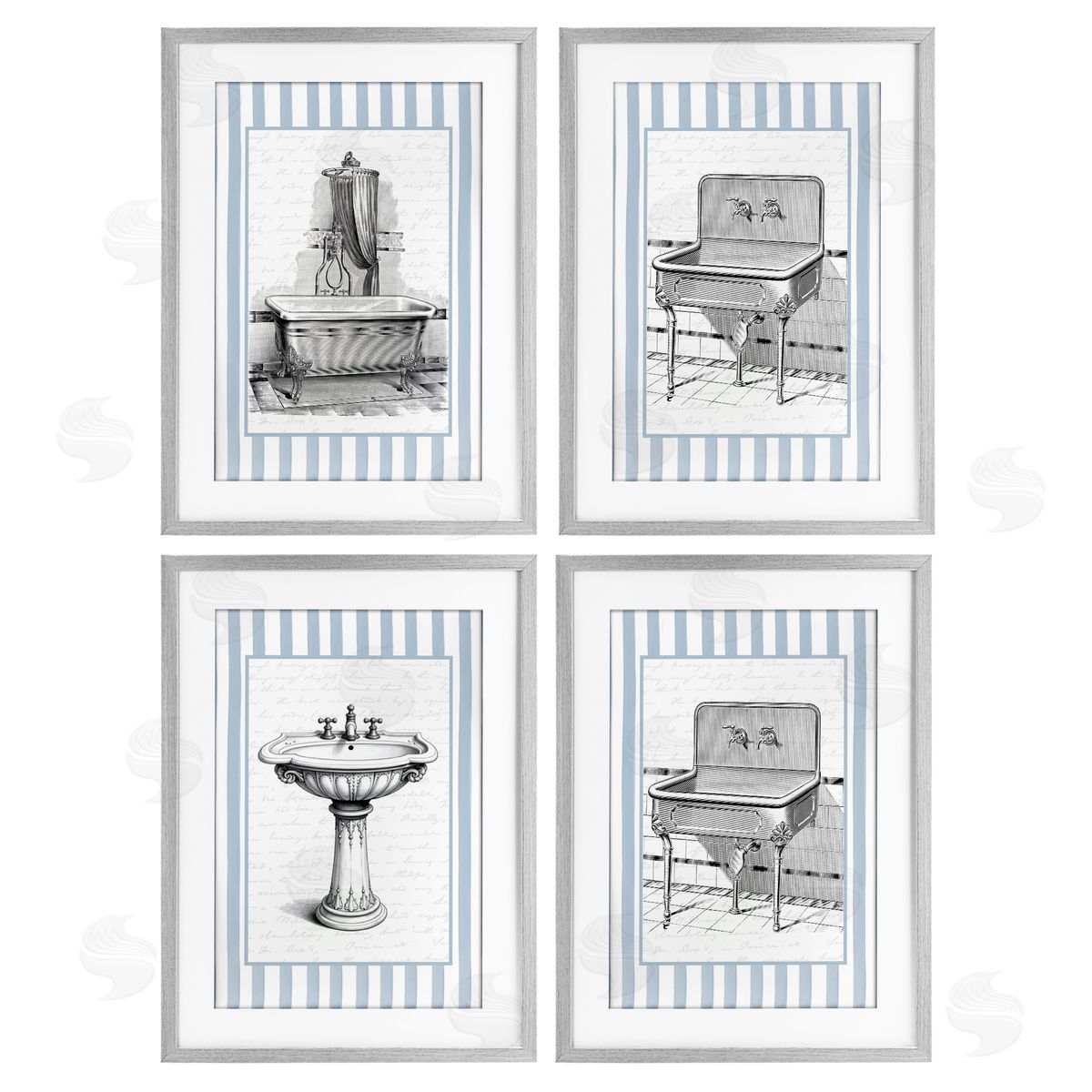 Lettered and Lined Antique Bathroom Blue Stripes Canvas Wall Art Print