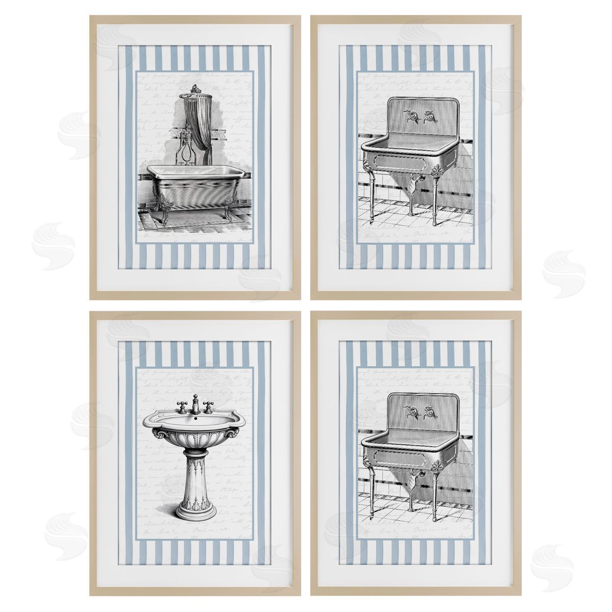 Lettered and Lined Antique Bathroom Blue Stripes Canvas Wall Art Print