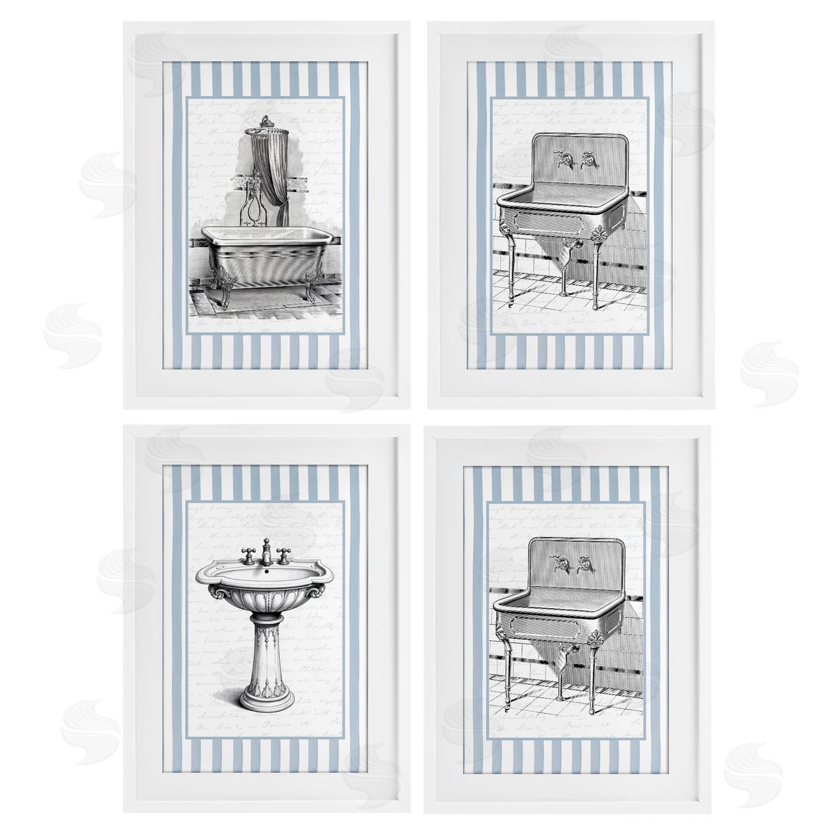 Lettered and Lined Antique Bathroom Blue Stripes Canvas Wall Art Print