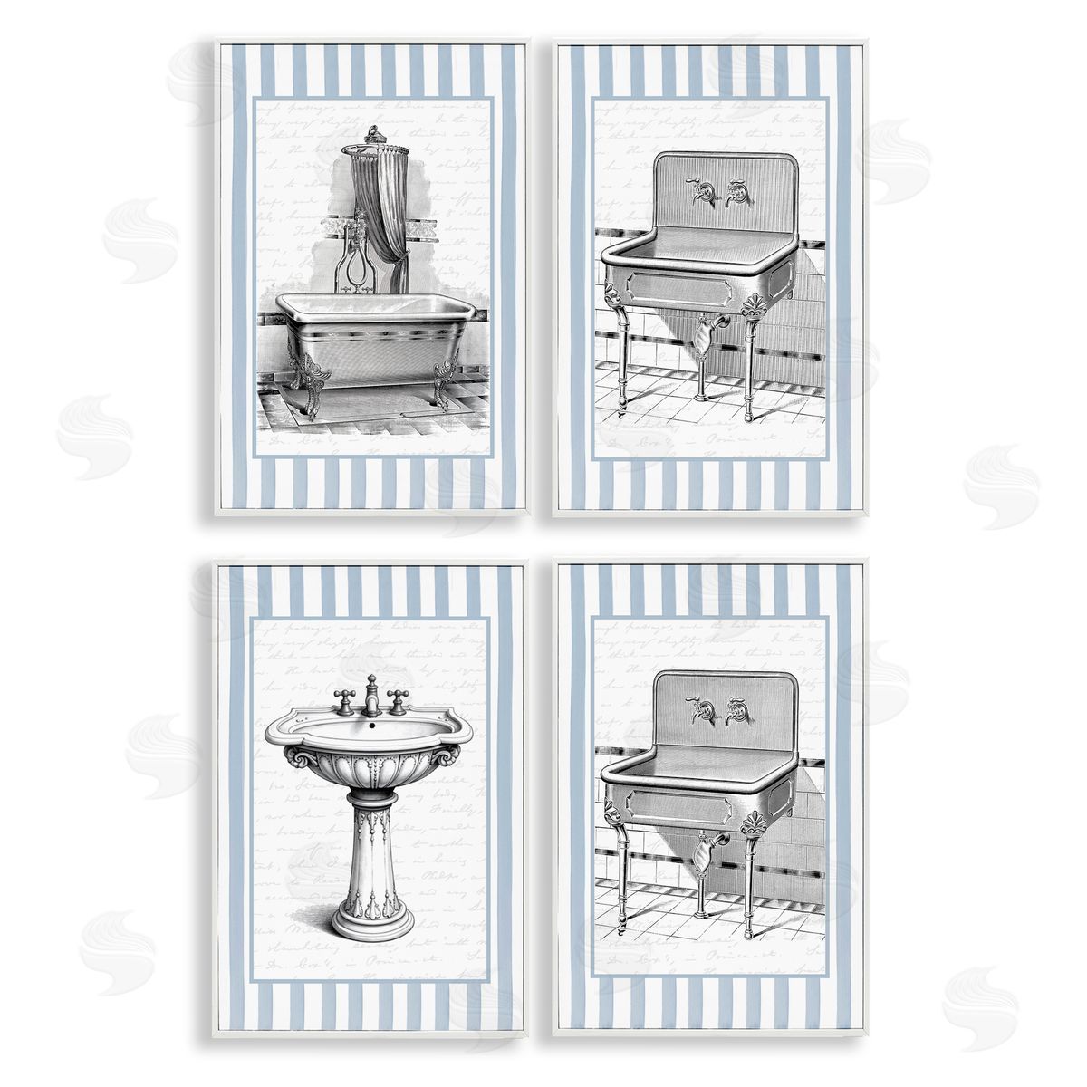 Lettered and Lined Antique Bathroom Blue Stripes Canvas Wall Art Print