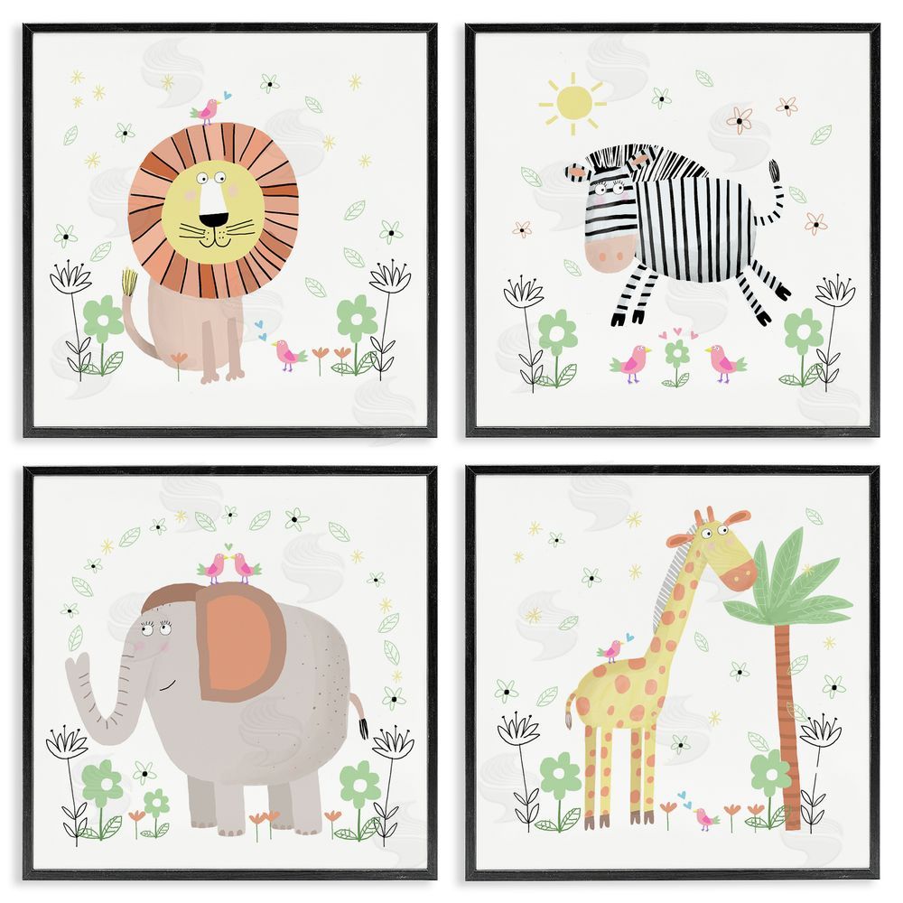 Carla Daly Baby Jungle Animals & Flowers Black Framed Giclee Art Set