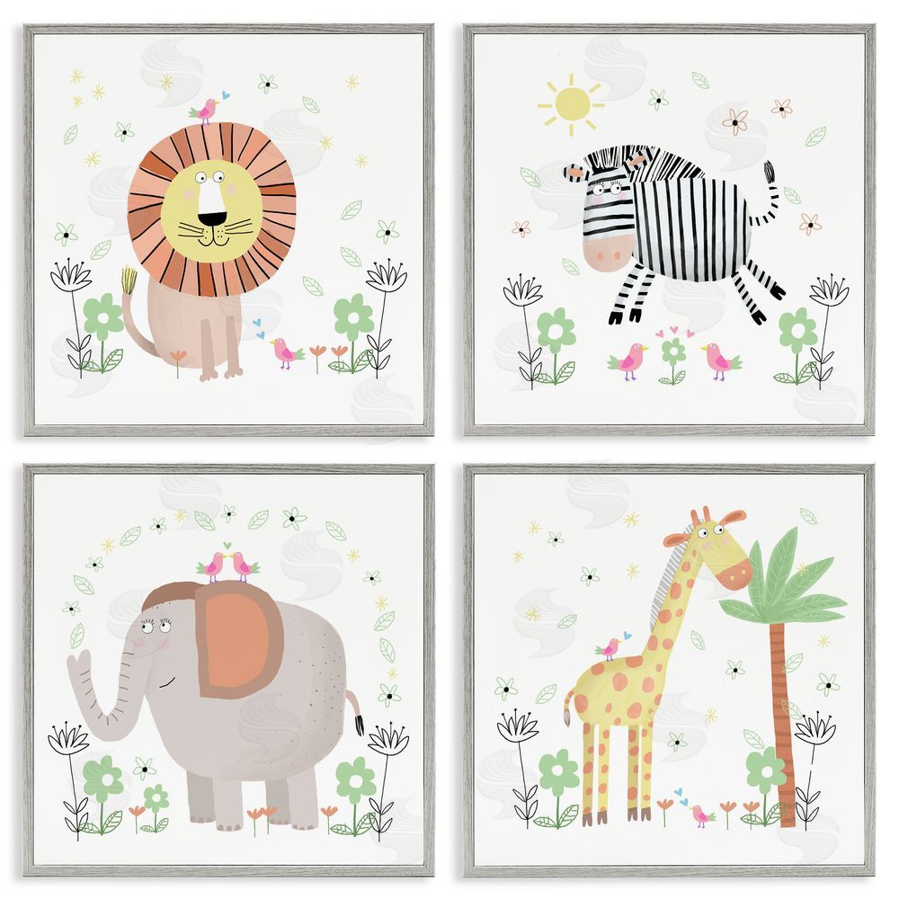Carla Daly Baby Jungle Animals & Flowers Gray Framed Giclee Art Set