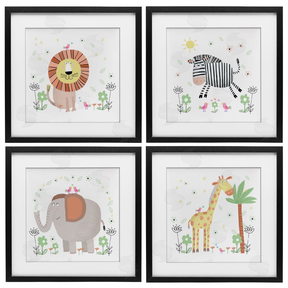 Carla Daly Baby Jungle Animals & Flowers Black Framed Print Under Glass Set