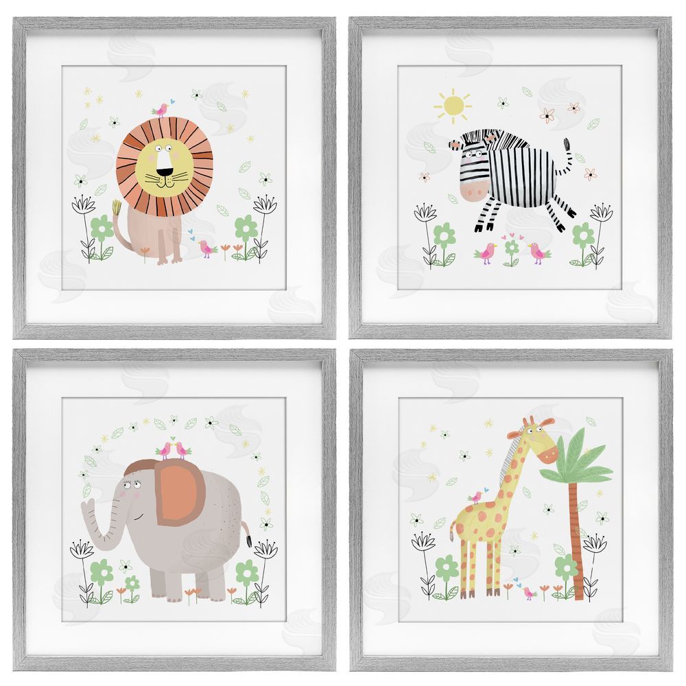 Carla Daly Baby Jungle Animals & Flowers Gray Framed Print Under Glass Set