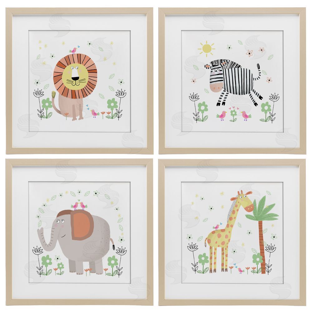 Carla Daly Baby Jungle Animals & Flowers Birch Framed Print Under Glass Set