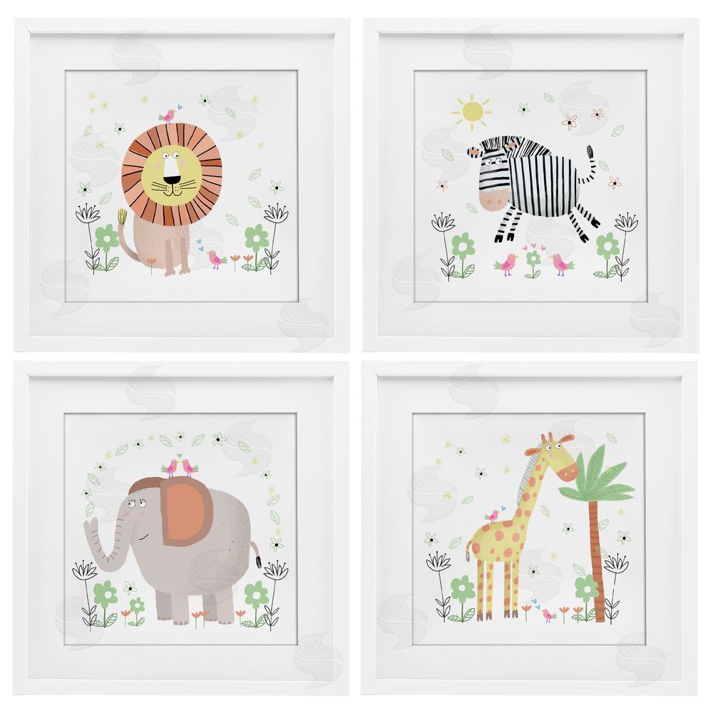 Carla Daly Baby Jungle Animals & Flowers White Framed Print Under Glass Set