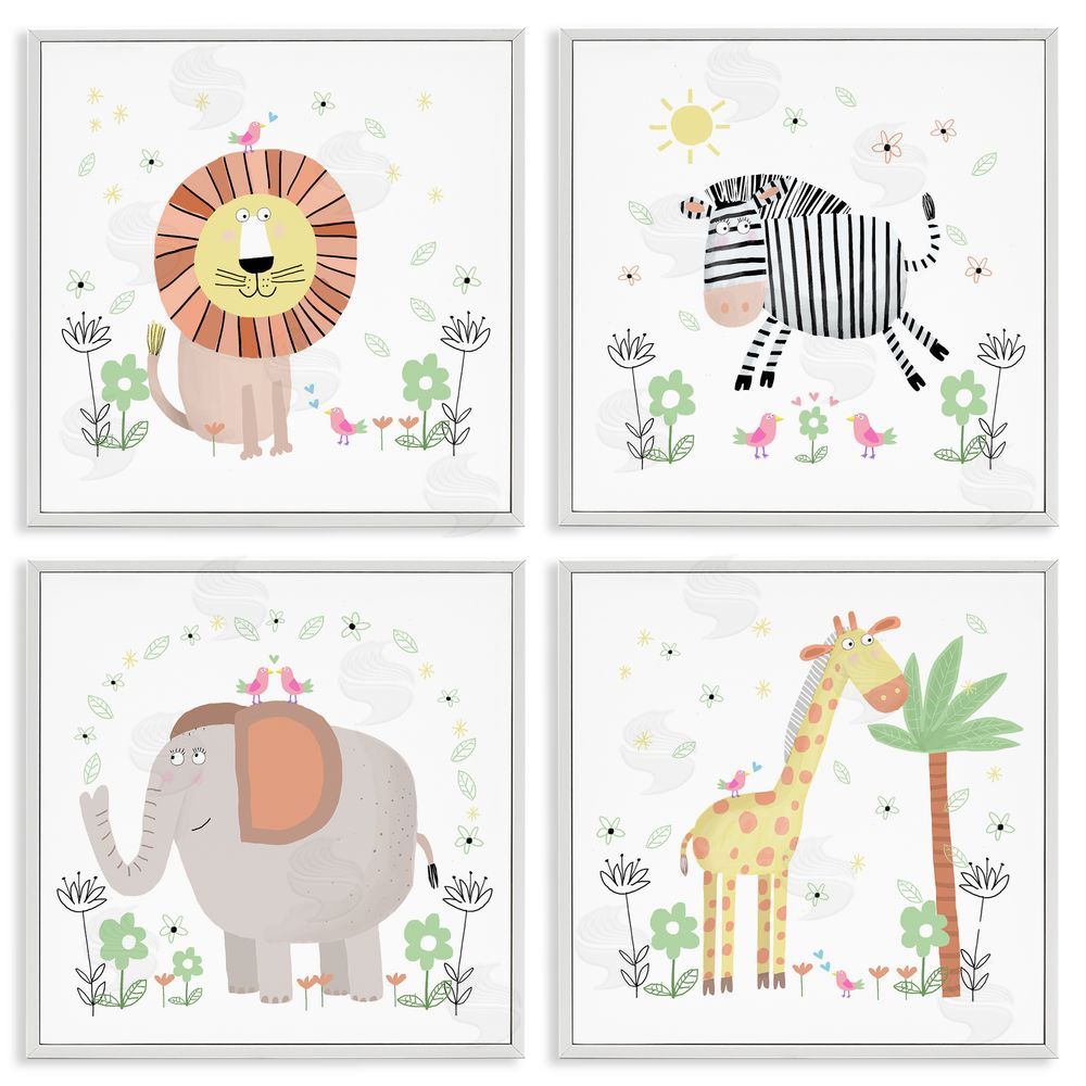 Carla Daly Baby Jungle Animals & Flowers White Frame Giclee Art Set