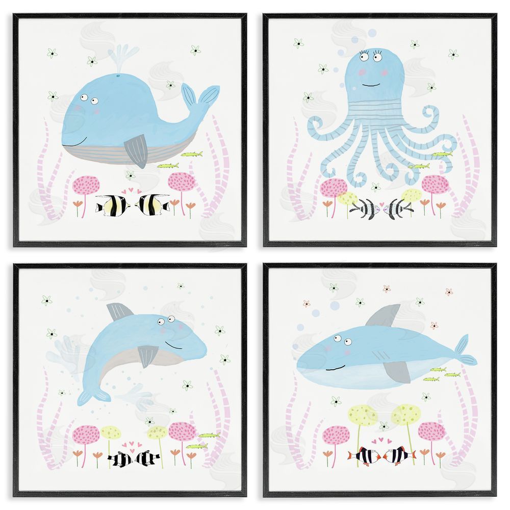 Carla Daly Floral Baby Sea Creatures Black Framed Giclee Art Set