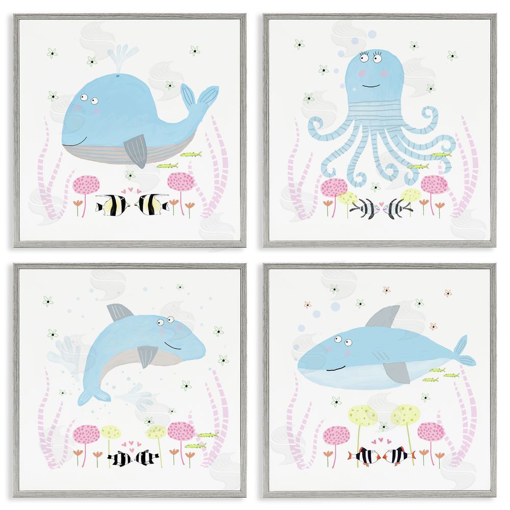 Carla Daly Floral Baby Sea Creatures Gray Framed Giclee Art Set