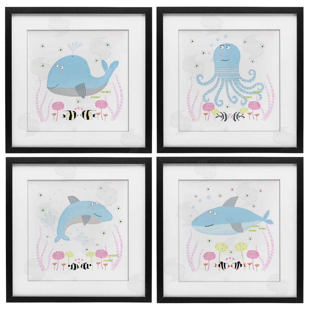 Carla Daly Floral Baby Sea Creatures Black Framed Print Under Glass Set