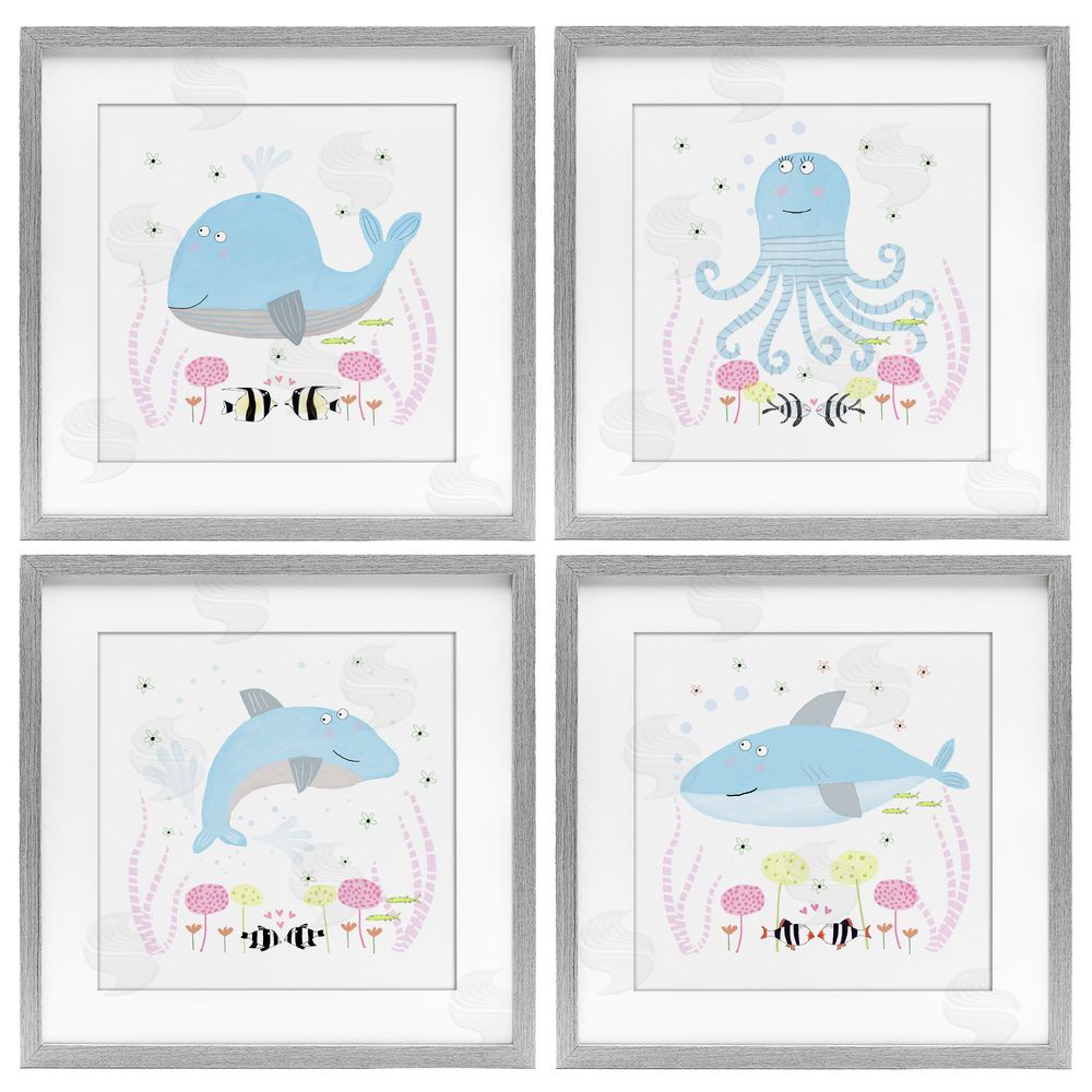 Carla Daly Floral Baby Sea Creatures Gray Framed Print Under Glass Set