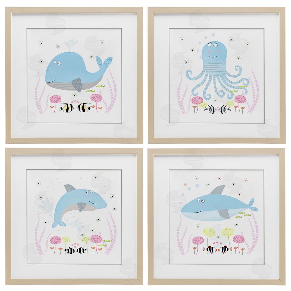 Carla Daly Floral Baby Sea Creatures Birch Framed Print Under Glass Set
