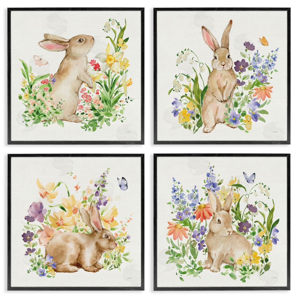 Katrina Pete Celebrate Spring Floral Bunnies Black Framed Giclee Art Set