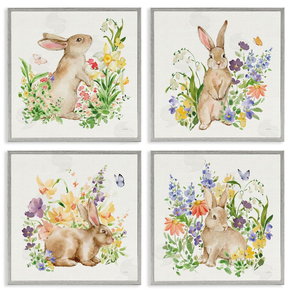 Katrina Pete Celebrate Spring Floral Bunnies Gray Framed Giclee Art Set