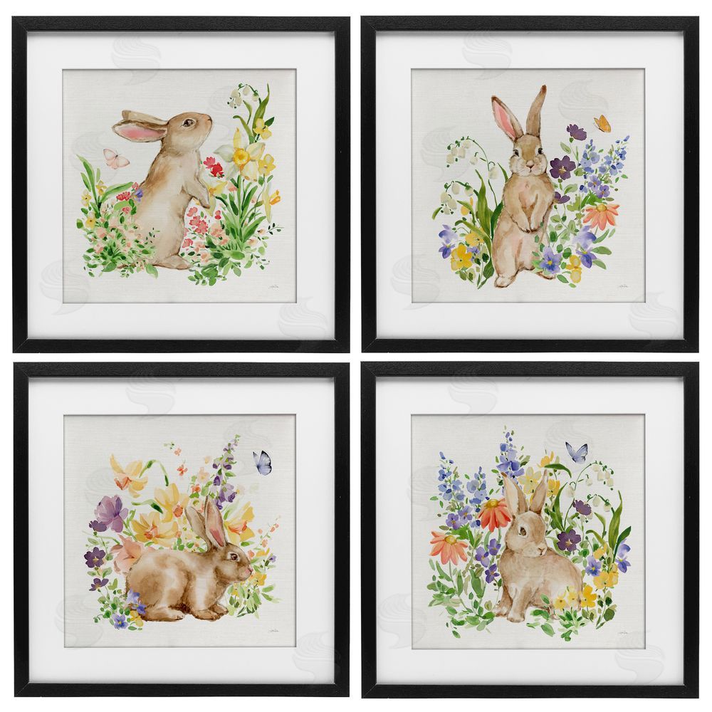 Katrina Pete Celebrate Spring Floral Bunnies Black Framed Print Under Glass Set