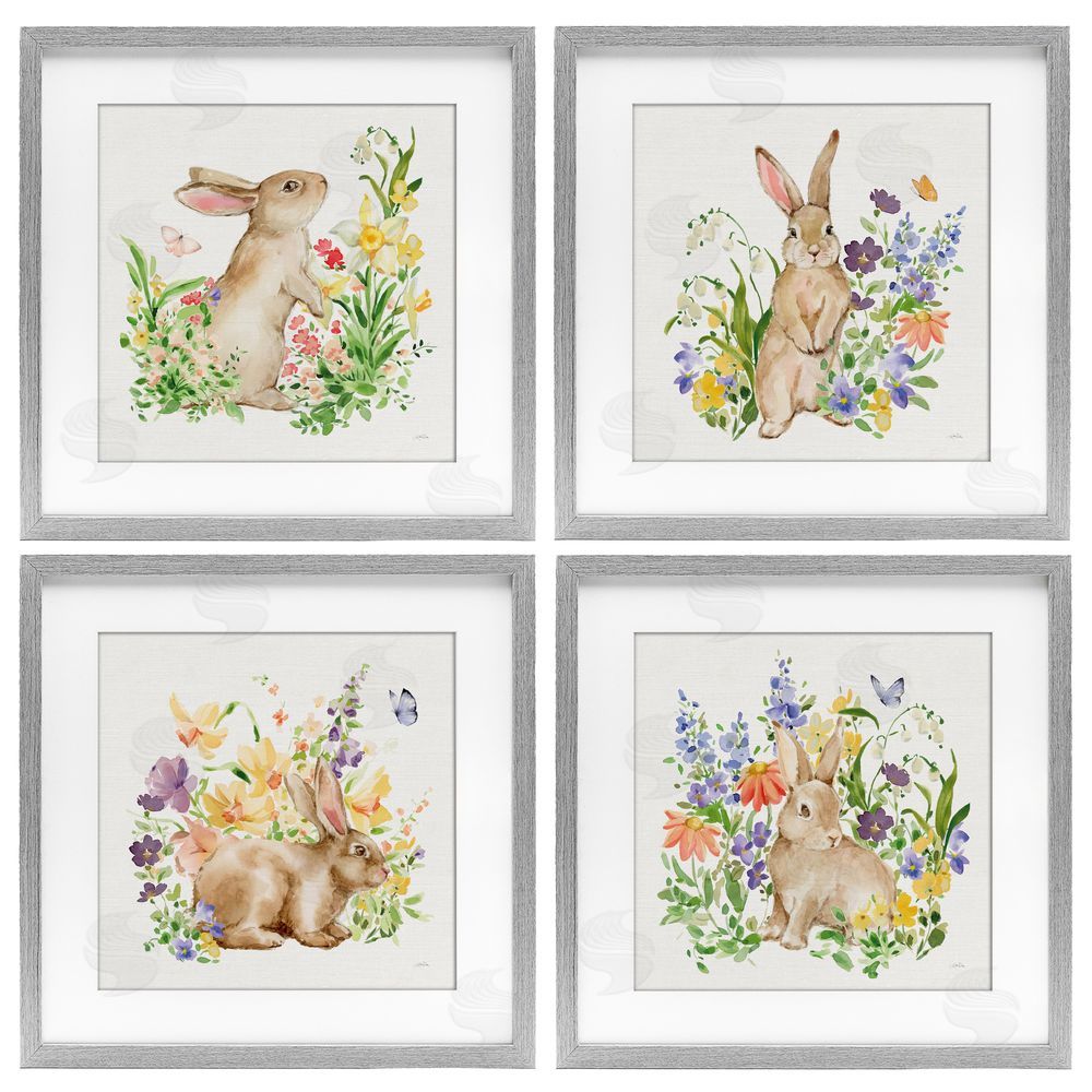 Katrina Pete Celebrate Spring Floral Bunnies Gray Framed Print Under Glass Set