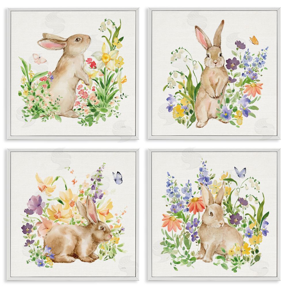 Katrina Pete Celebrate Spring Floral Bunnies White Frame Giclee Art Set