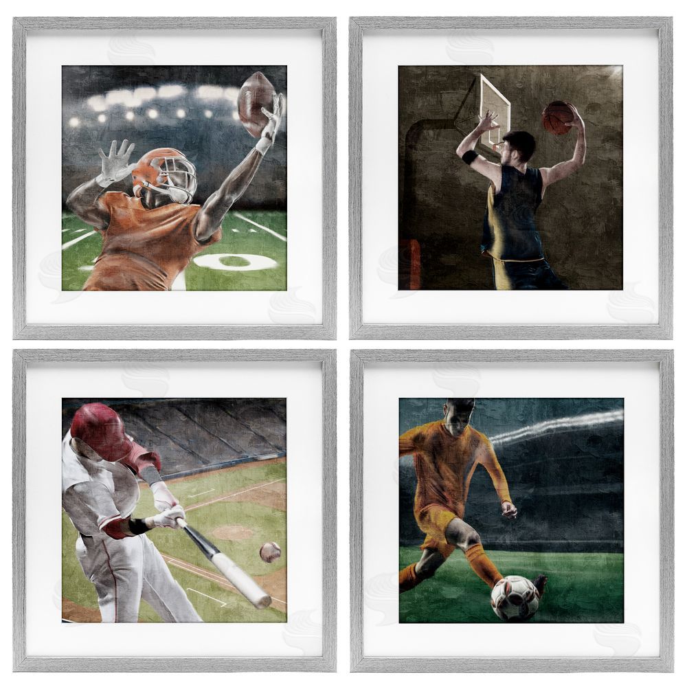 Kim Allen Sports Balls In Action Gray Framed Print Under Glass Set