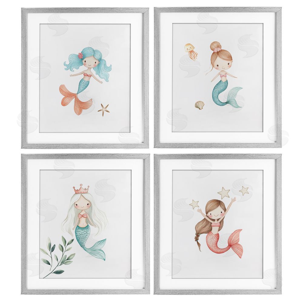 Christine Simpson Art Mermaid's Ocean Adventures Gray Framed Print Under Glass with White Mat Wall Art