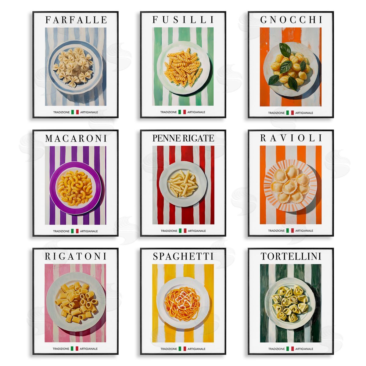 Traditional Pasta Plates Cuisine Black Frame Print Wall Art, Home Decor by Andreas Magnusson